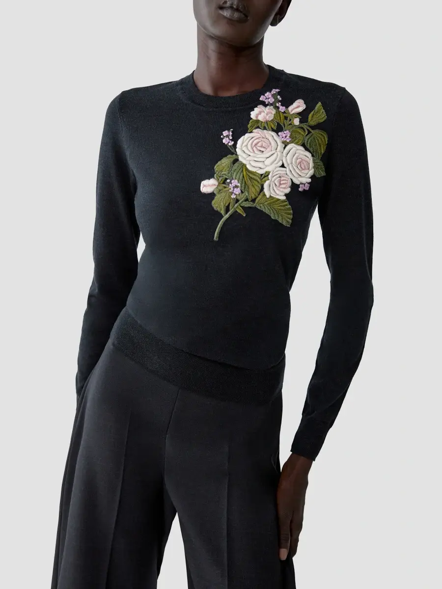 Carolina Herrera Women's Chalet Floral-Embroidered Wool Sweater | Thumbnail 4 Carolina Herrera Women's Chalet Floral-Embroidered Wool Sweater | Thumbnail 4