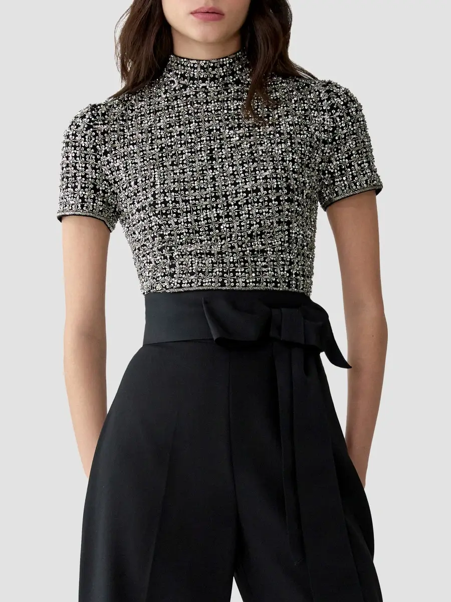 Carolina Herrera Women's Chalet Embellished Short-Sleeve Crop Top | Thumbnail 4 Carolina Herrera Women's Chalet Embellished Short-Sleeve Crop Top | Thumbnail 4