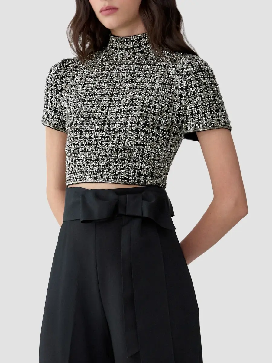 Carolina Herrera Women's Chalet Embellished Short-Sleeve Crop Top | Thumbnail 5 Carolina Herrera Women's Chalet Embellished Short-Sleeve Crop Top | Thumbnail 5