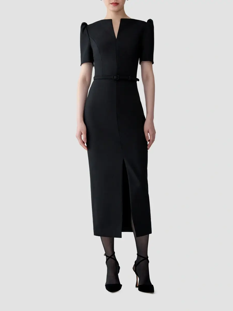 Carolina Herrera Women's Chalet Split-Neck Stretch-Wool Midi Dress | Thumbnail 2 Carolina Herrera Women's Chalet Split-Neck Stretch-Wool Midi Dress | Thumbnail 2