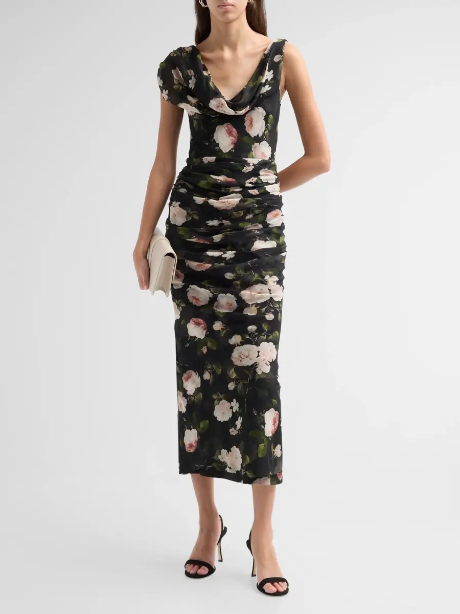 Carolina Herrera Women's Floral Silk Ruched Midi Dress | Thumbnail 2 Carolina Herrera Women's Floral Silk Ruched Midi Dress | Thumbnail 2
