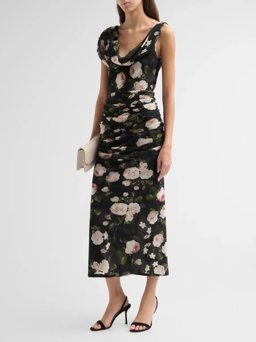 Carolina Herrera Women's Floral Silk Ruched Midi Dress | Thumbnail 4 Carolina Herrera Women's Floral Silk Ruched Midi Dress | Thumbnail 4