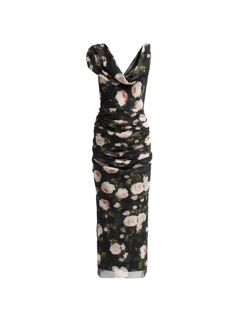 Women's Floral Silk Ruched Midi Dress Women's Floral Silk Ruched Midi Dress
