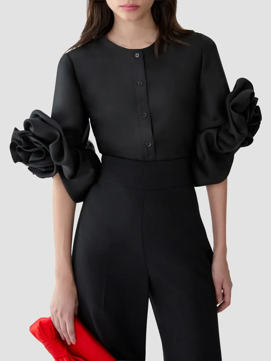 Carolina Herrera Women's Chalet Three-Quarter Flower-Sleeve Silk Top | Thumbnail 4 Carolina Herrera Women's Chalet Three-Quarter Flower-Sleeve Silk Top | Thumbnail 4