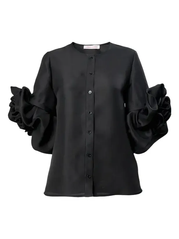 Women's Chalet Three-Quarter Flower-Sleeve Silk Top