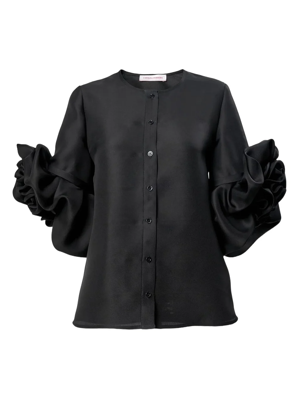 Women's Chalet Three-Quarter Flower-Sleeve Silk Top