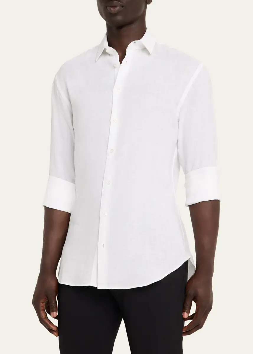Giorgio Armani Men's Solid Linen Button-Down Shirt | Thumbnail 4 Giorgio Armani Men's Solid Linen Button-Down Shirt | Thumbnail 4