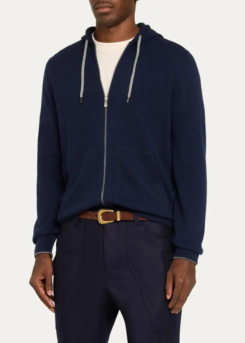 Brunello Cucinelli Men's Cashmere Zip-Front Hoodie | Thumbnail 4 Brunello Cucinelli Men's Cashmere Zip-Front Hoodie | Thumbnail 4
