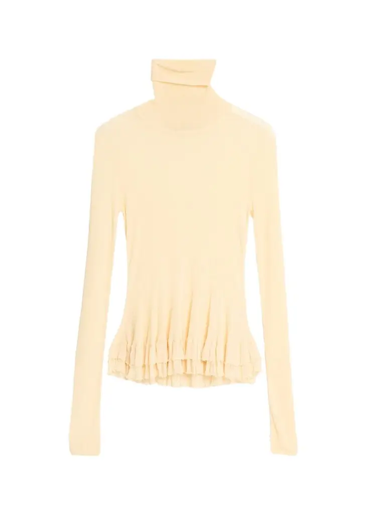 Ashlyn Meritt Turtleneck Sheer Rib Tiered Ruffle Sweater