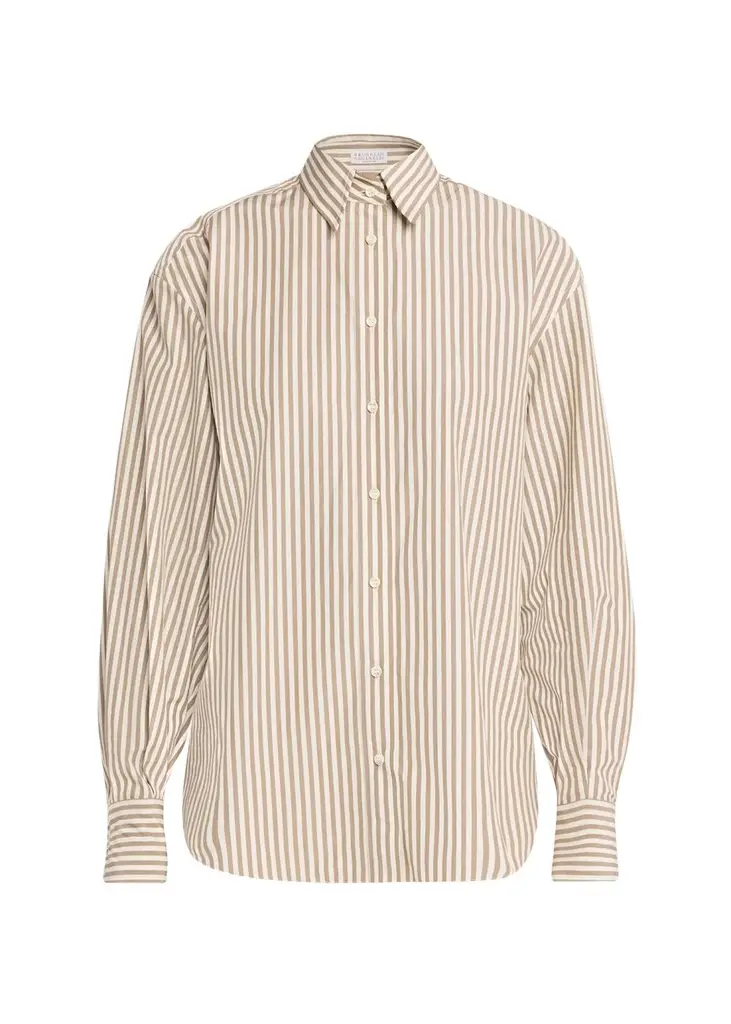 Striped Cotton Button-Down Shirt With Monili Trim Striped Cotton Button-Down Shirt With Monili Trim
