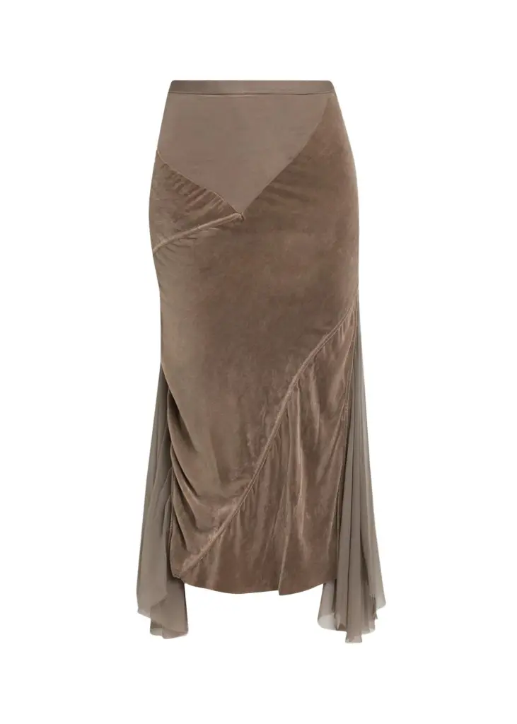 Mixed-Media Sliced Patchwork Midi Skirt Mixed-Media Sliced Patchwork Midi Skirt