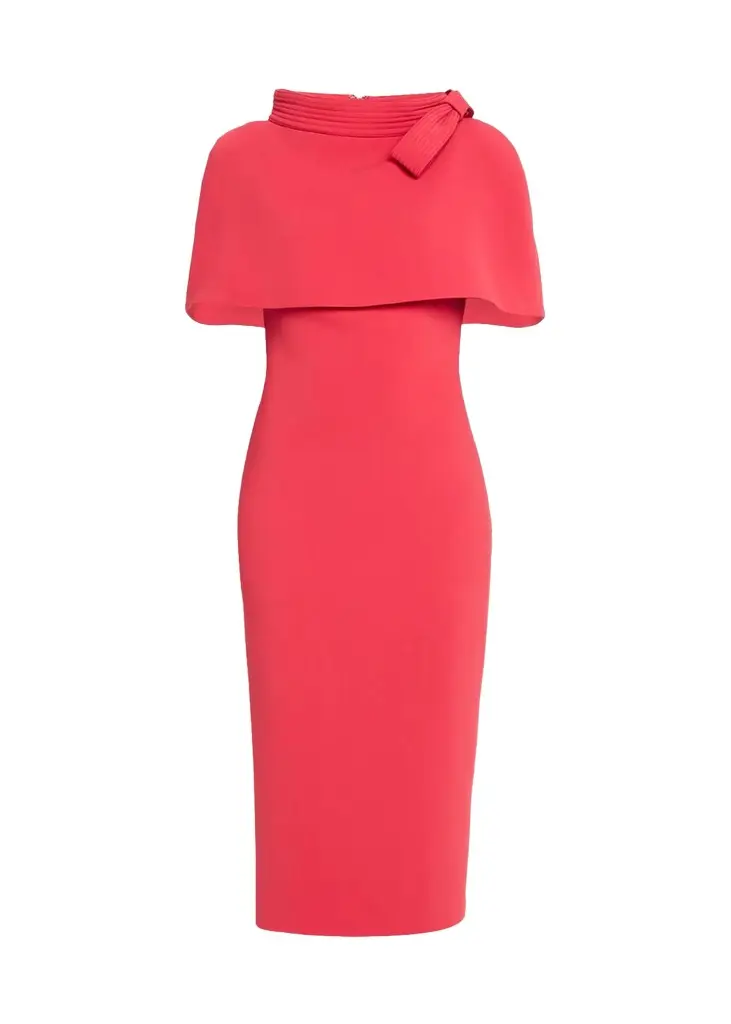 BADGLEY MISCHKA Bodycon Funnel-Neck Capelet Midi Dress