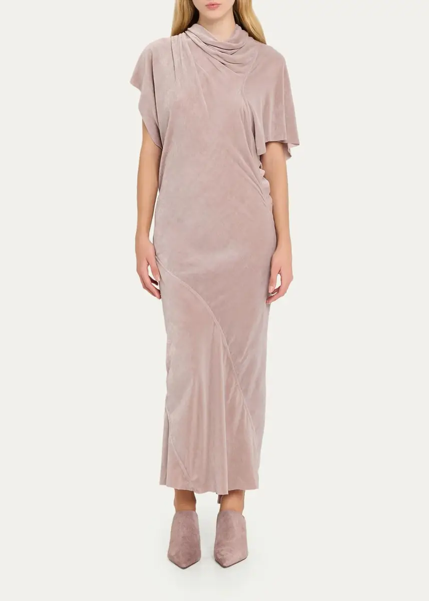 Rick Owens Seb Draped Velvet Asymmetric Short-Sleeve Midi Dress | Thumbnail 2 Rick Owens Seb Draped Velvet Asymmetric Short-Sleeve Midi Dress | Thumbnail 2