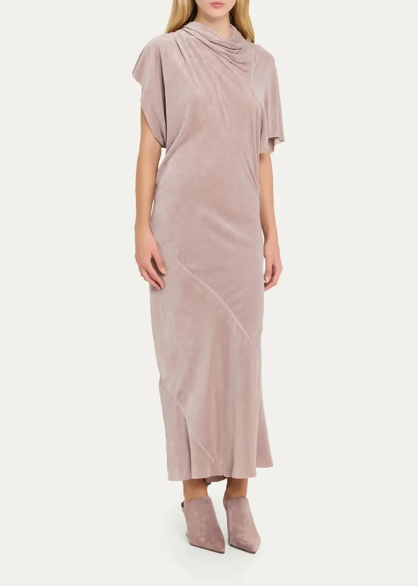 Rick Owens Seb Draped Velvet Asymmetric Short-Sleeve Midi Dress | Thumbnail 4 Rick Owens Seb Draped Velvet Asymmetric Short-Sleeve Midi Dress | Thumbnail 4