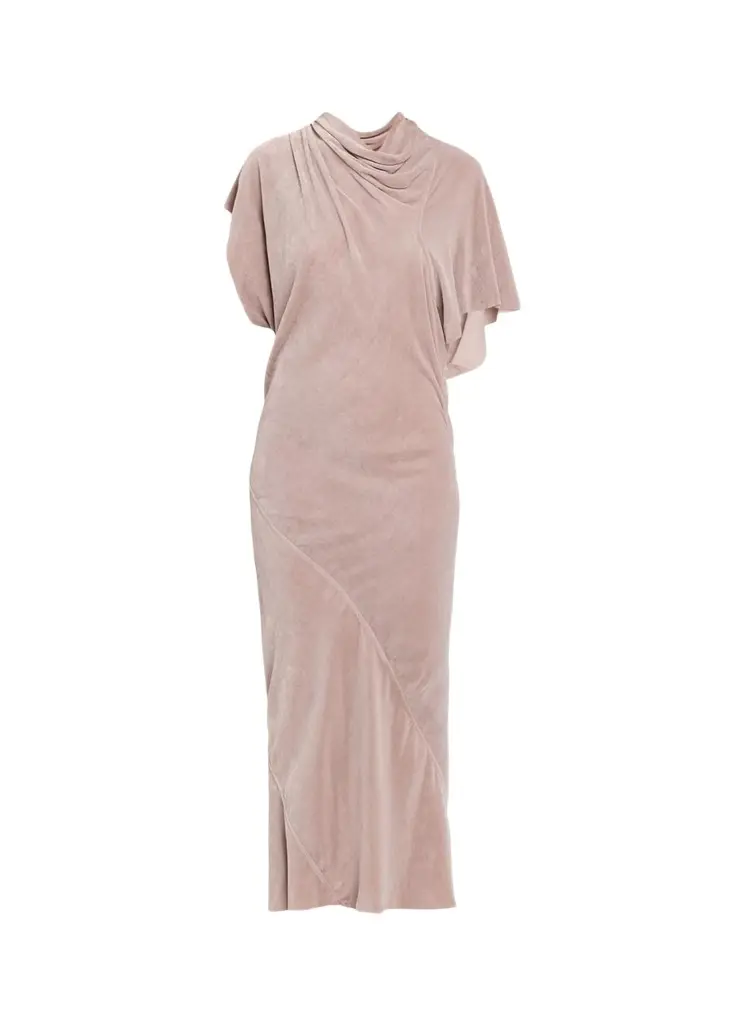 Rick Owens Seb Draped Velvet Asymmetric Short-Sleeve Midi Dress