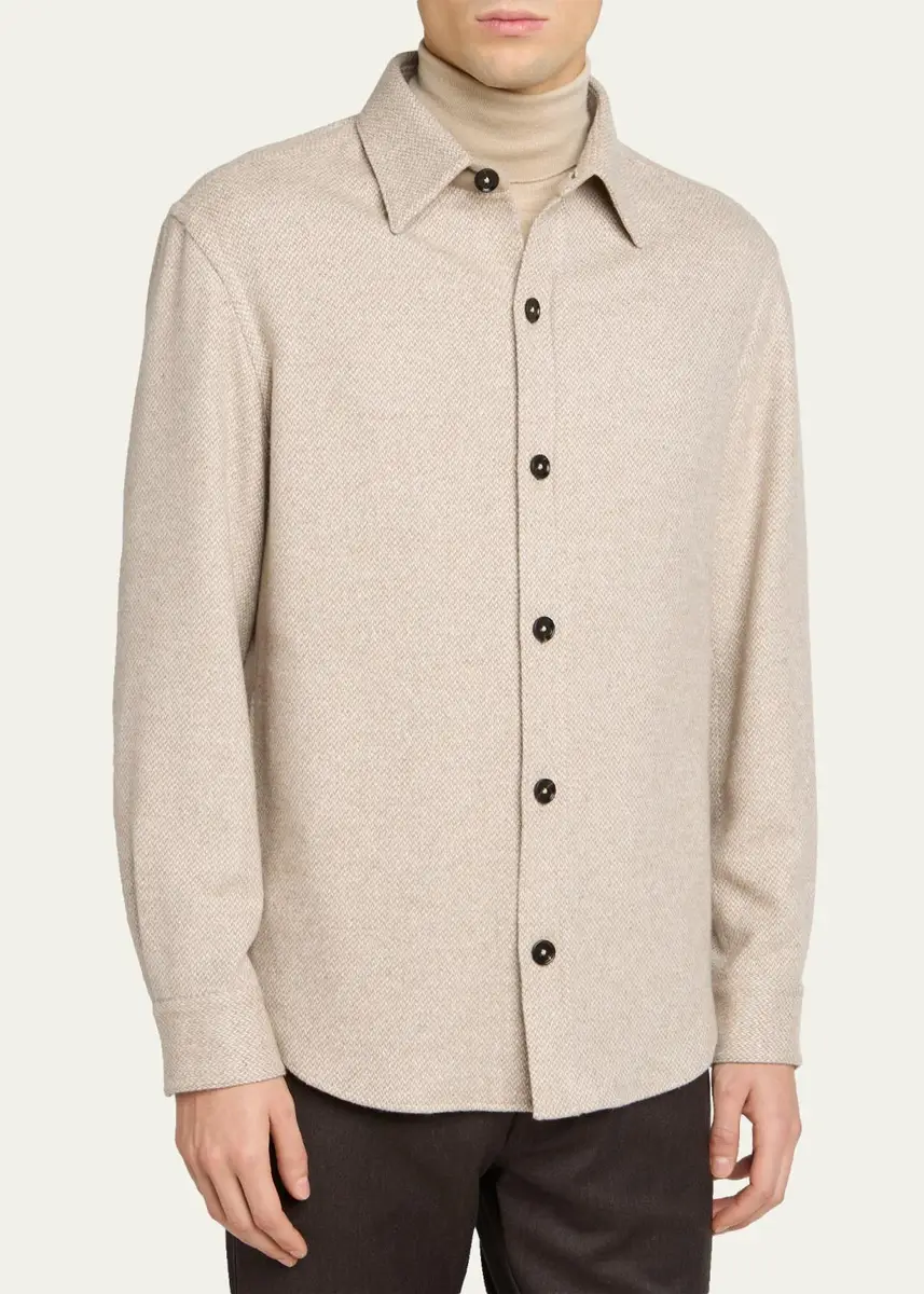 Zegna Men's Cashmere and Silk Herringbone Overshirt | Thumbnail 4