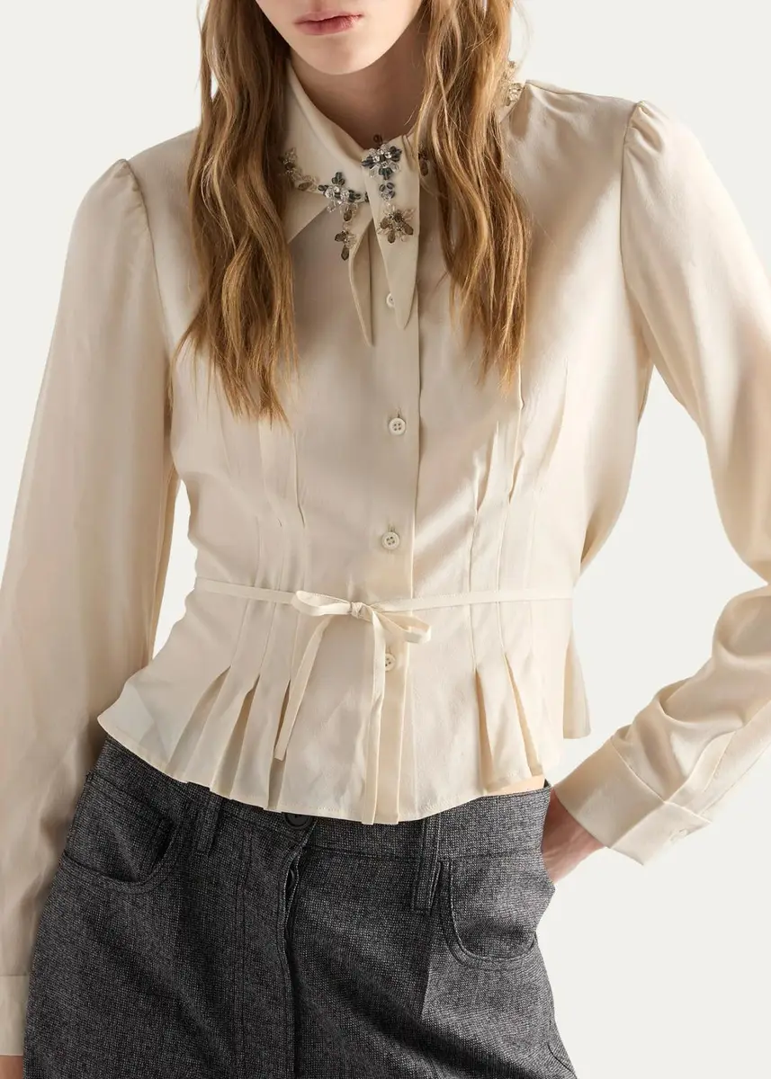 Prada Pleated Silk Handkerchief Scarf Button-Down Shirt | Thumbnail 4