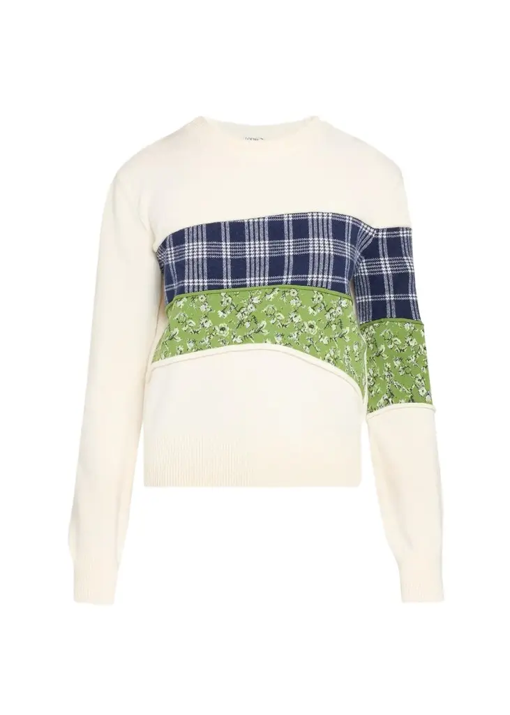 Patchwork Wool Knit Crewneck Sweater Patchwork Wool Knit Crewneck Sweater