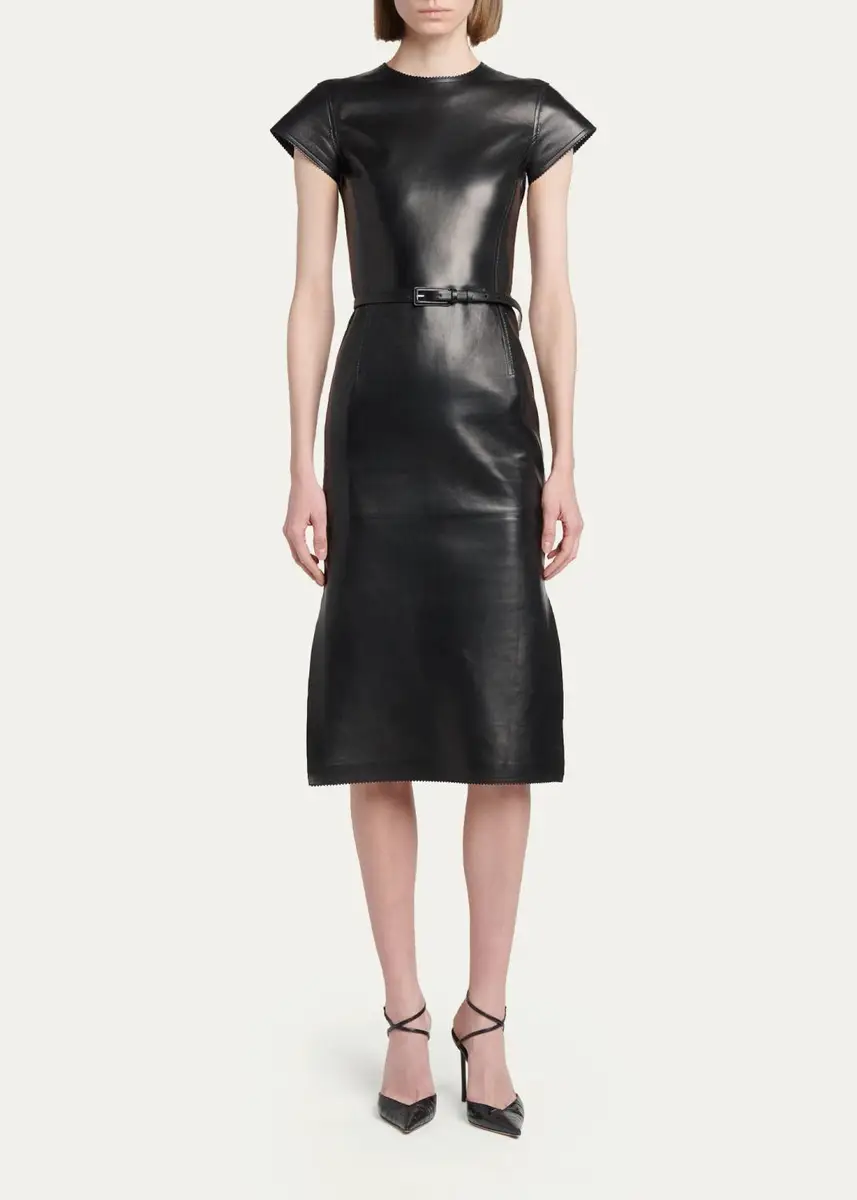 Tom Ford Short-Sleeve Silky Guanteria Lambskin Leather Asymmetric Midi Dress | Thumbnail 2 Tom Ford Short-Sleeve Silky Guanteria Lambskin Leather Asymmetric Midi Dress | Thumbnail 2