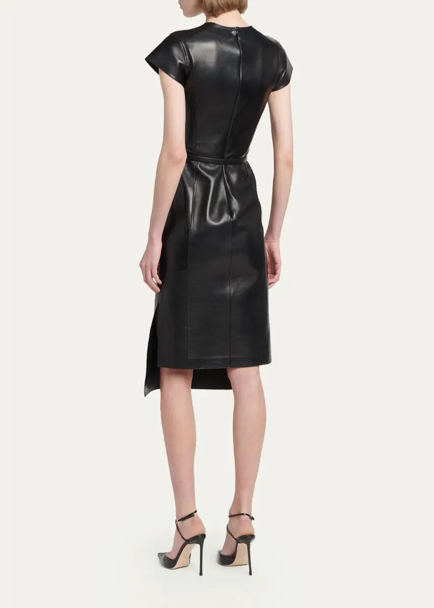 Tom Ford Short-Sleeve Silky Guanteria Lambskin Leather Asymmetric Midi Dress | Thumbnail 3 Tom Ford Short-Sleeve Silky Guanteria Lambskin Leather Asymmetric Midi Dress | Thumbnail 3
