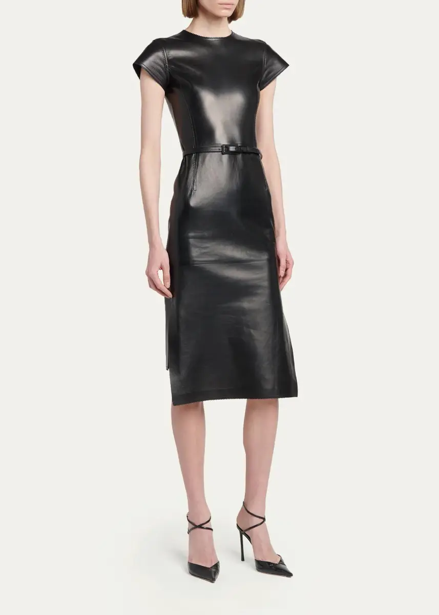 Tom Ford Short-Sleeve Silky Guanteria Lambskin Leather Asymmetric Midi Dress | Thumbnail 4 Tom Ford Short-Sleeve Silky Guanteria Lambskin Leather Asymmetric Midi Dress | Thumbnail 4