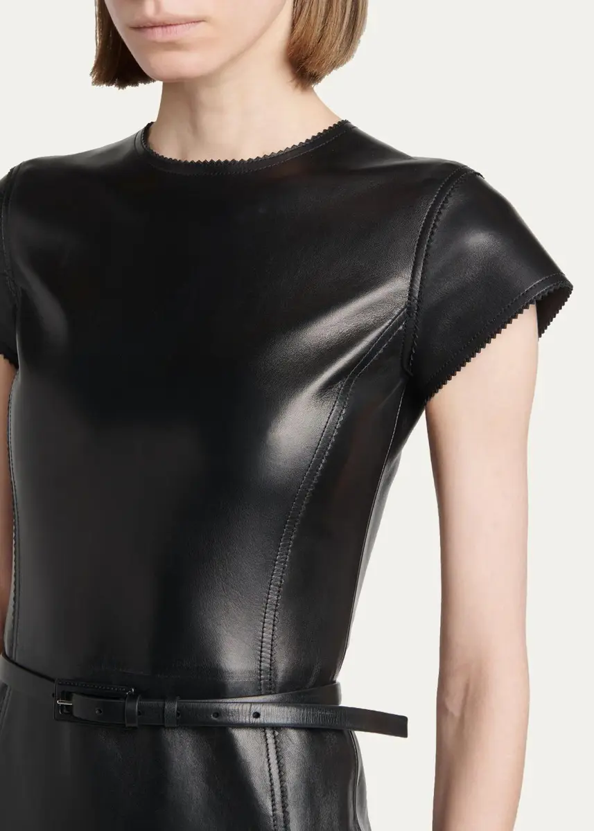 Tom Ford Short-Sleeve Silky Guanteria Lambskin Leather Asymmetric Midi Dress | Thumbnail 5 Tom Ford Short-Sleeve Silky Guanteria Lambskin Leather Asymmetric Midi Dress | Thumbnail 5