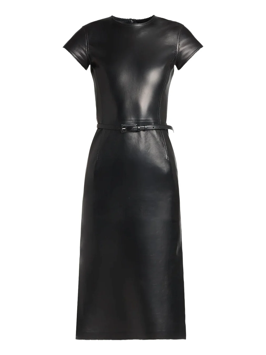 Short-Sleeve Silky Guanteria Lambskin Leather Asymmetric Midi Dress