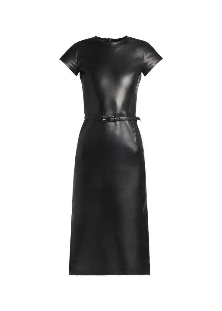 Short-Sleeve Silky Guanteria Lambskin Leather Asymmetric Midi Dress Short-Sleeve Silky Guanteria Lambskin Leather Asymmetric Midi Dress
