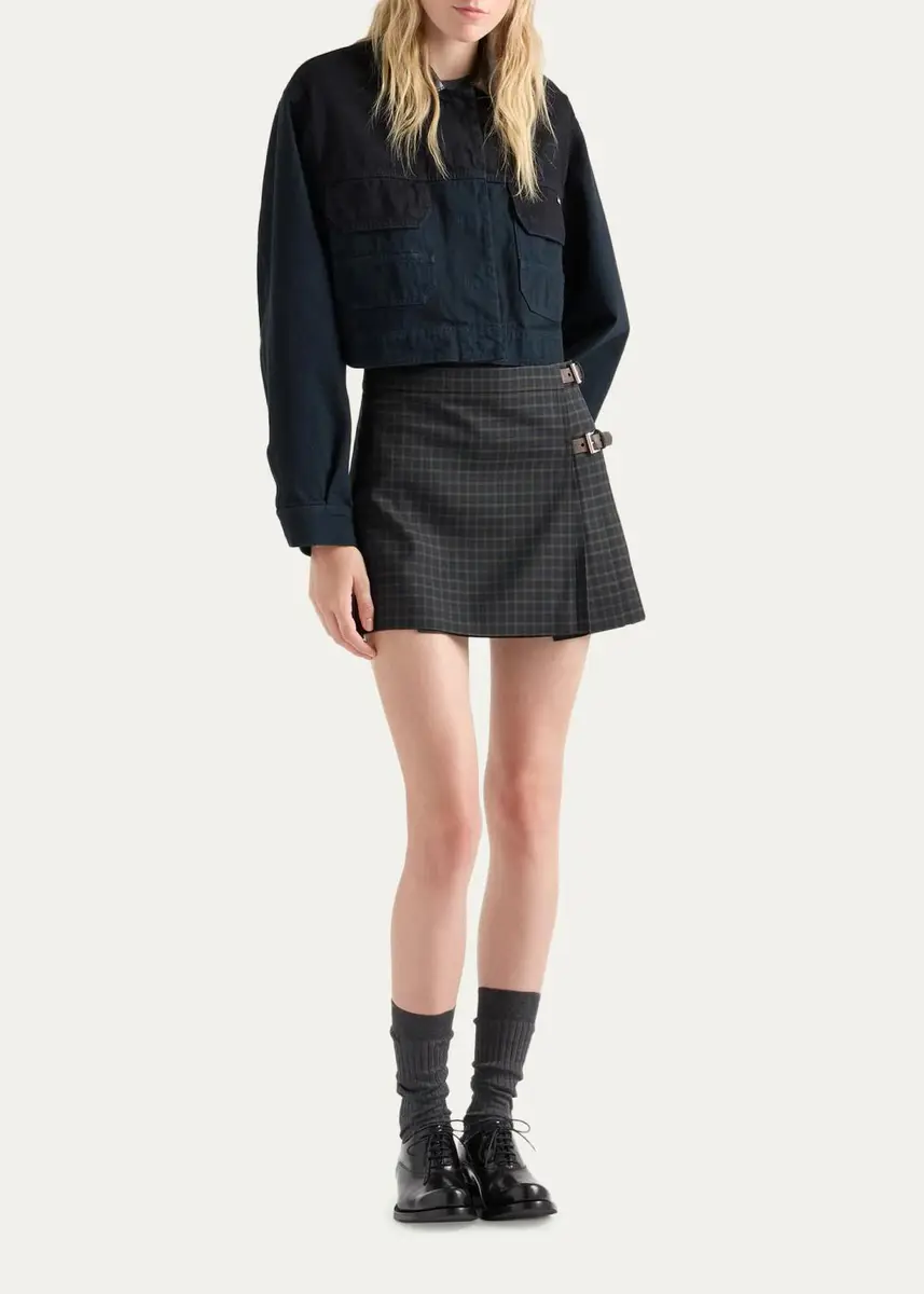 Prada Check Pleated Buckle Wrap Mini Skirt | Thumbnail 2