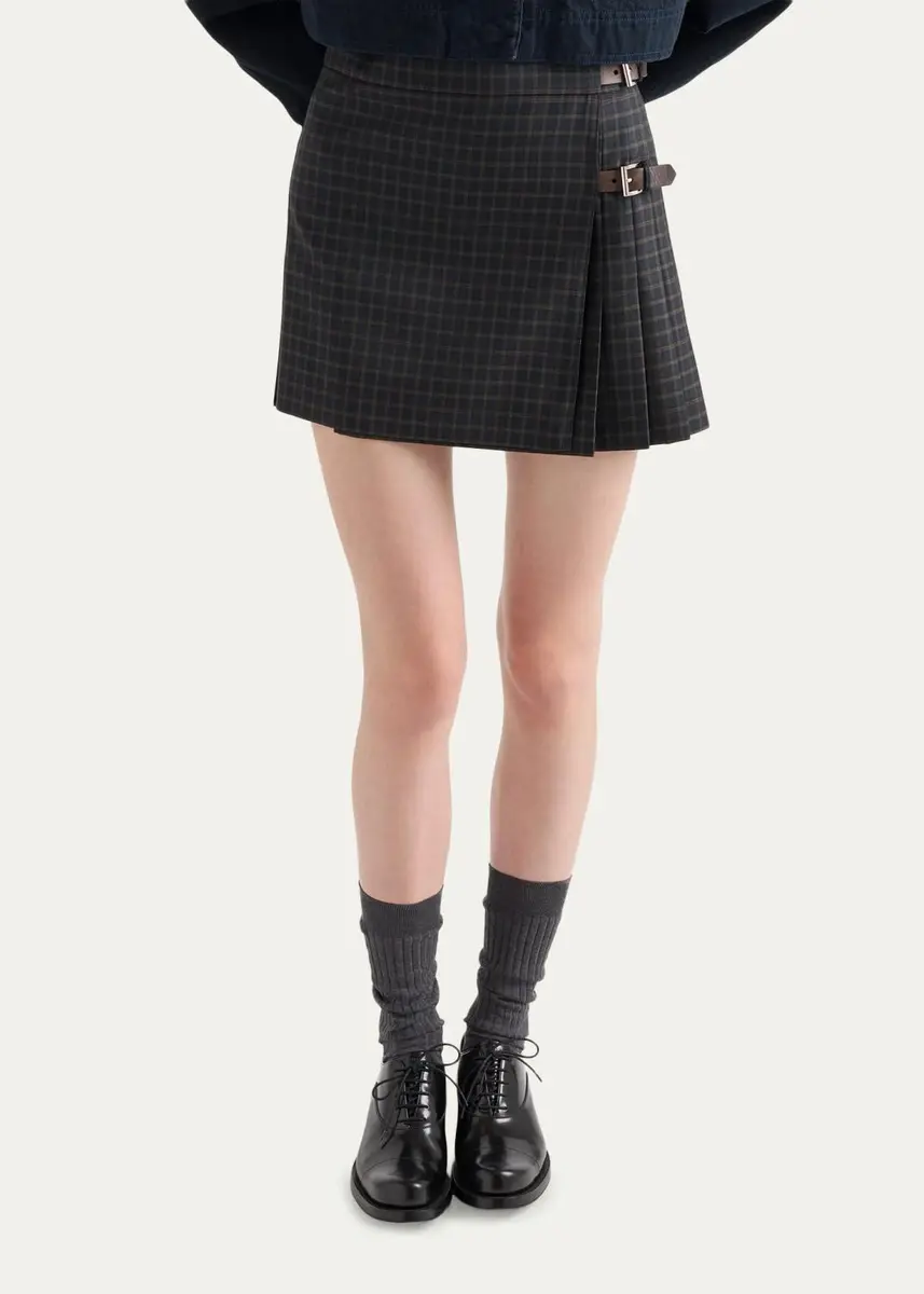 Prada Check Pleated Buckle Wrap Mini Skirt | Thumbnail 4
