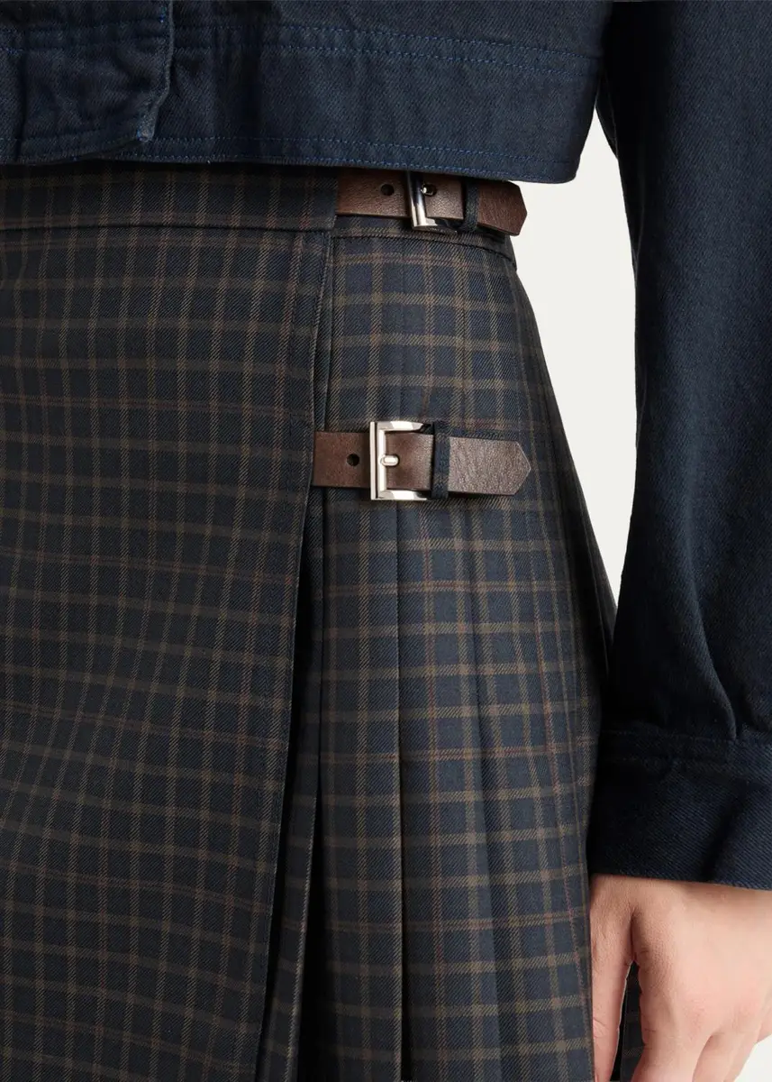 Prada Check Pleated Buckle Wrap Mini Skirt | Thumbnail 5