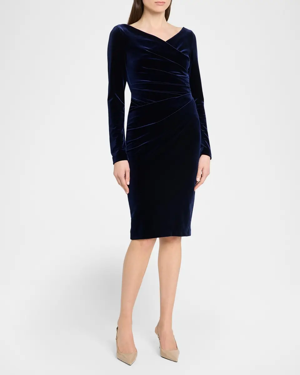 Talbot Runhof Draped Stretch Velvet Long-Sleeve Sheath Dress | Thumbnail 2 Talbot Runhof Draped Stretch Velvet Long-Sleeve Sheath Dress | Thumbnail 2