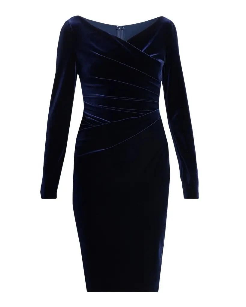 Draped Stretch Velvet Long-Sleeve Sheath Dress Draped Stretch Velvet Long-Sleeve Sheath Dress