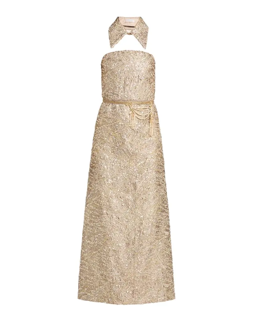Reem Acra Collared Strapless Embellished Midi Cocktail Dress