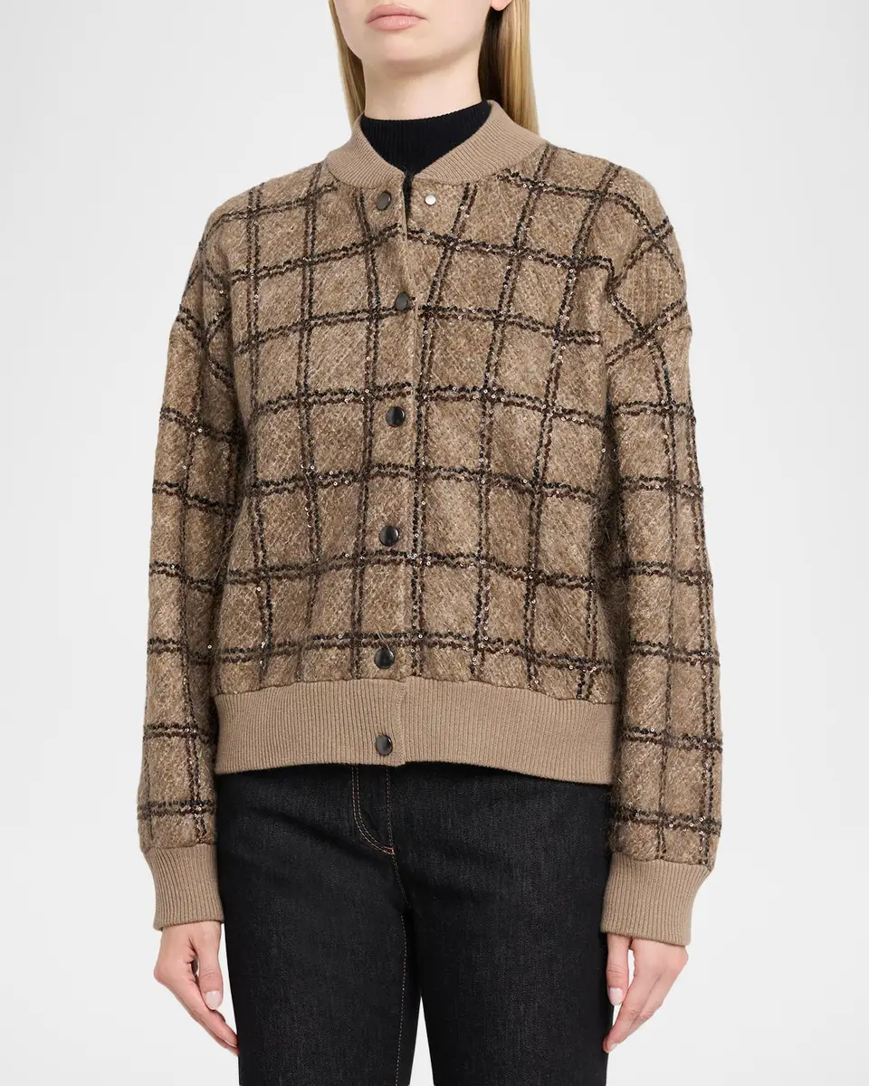Brunello Cucinelli Paillette Check Mohair Knit Bomber Cardigan | Thumbnail 4 Brunello Cucinelli Paillette Check Mohair Knit Bomber Cardigan | Thumbnail 4