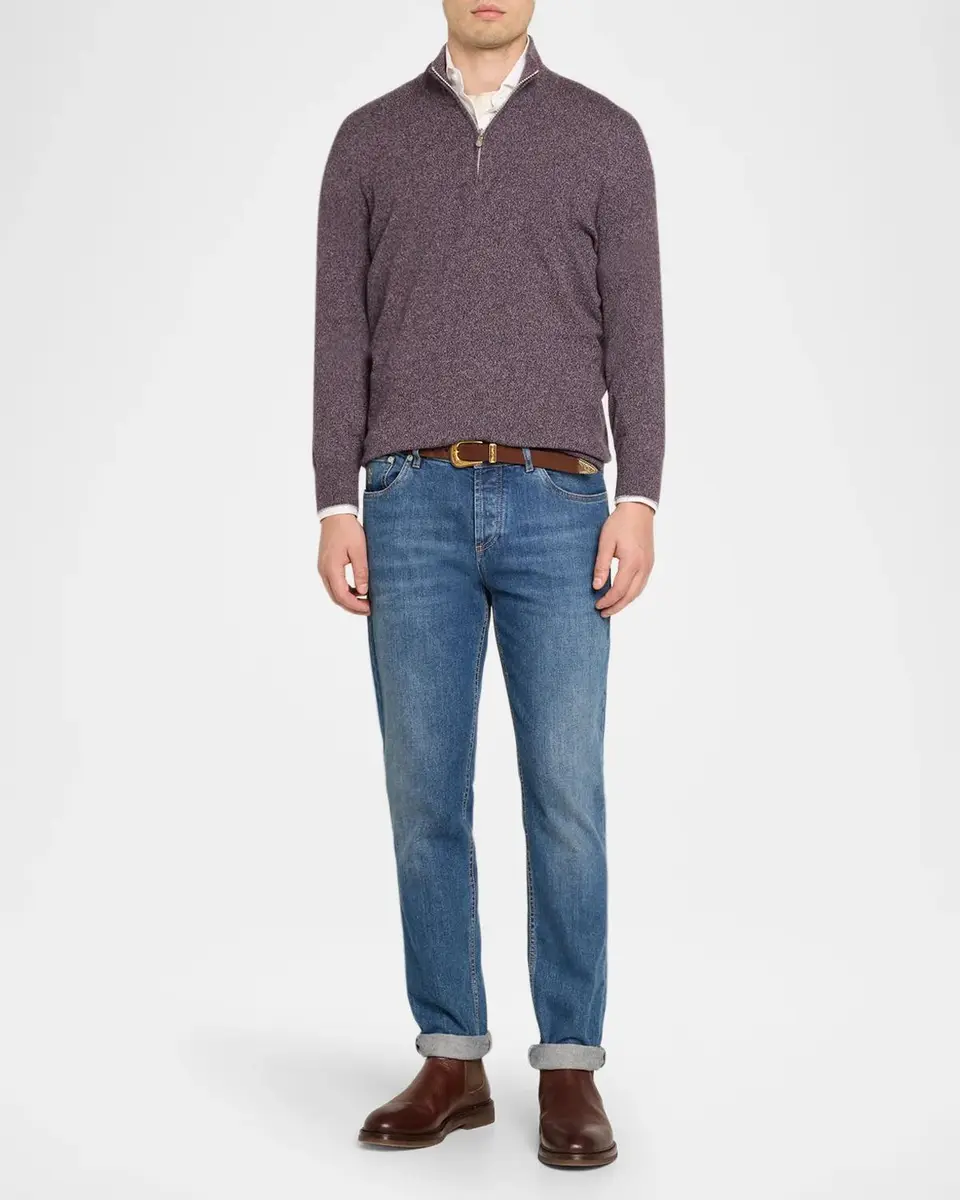 Brunello Cucinelli Men's Cashmere Mouline Quarter-Zip Sweater | Thumbnail 2