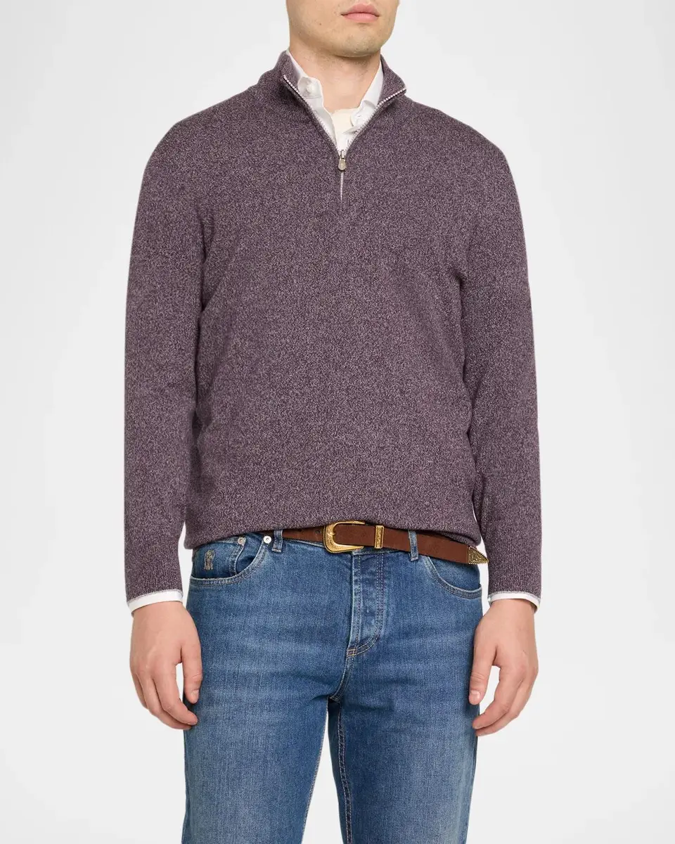 Brunello Cucinelli Men's Cashmere Mouline Quarter-Zip Sweater | Thumbnail 4