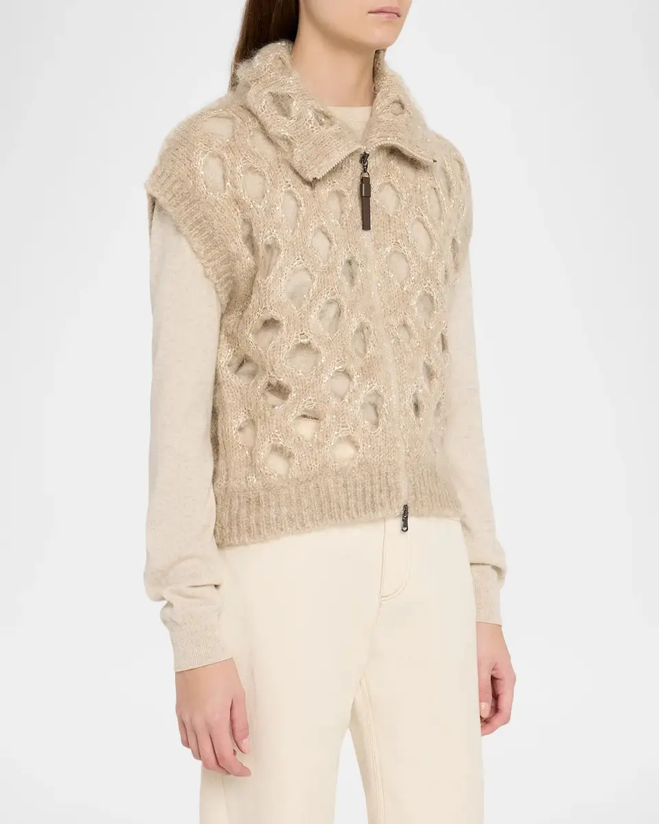 Brunello Cucinelli Turtleneck Paillette Mohair-Blend Open Knit Zip Vest | Thumbnail 4 Brunello Cucinelli Turtleneck Paillette Mohair-Blend Open Knit Zip Vest | Thumbnail 4