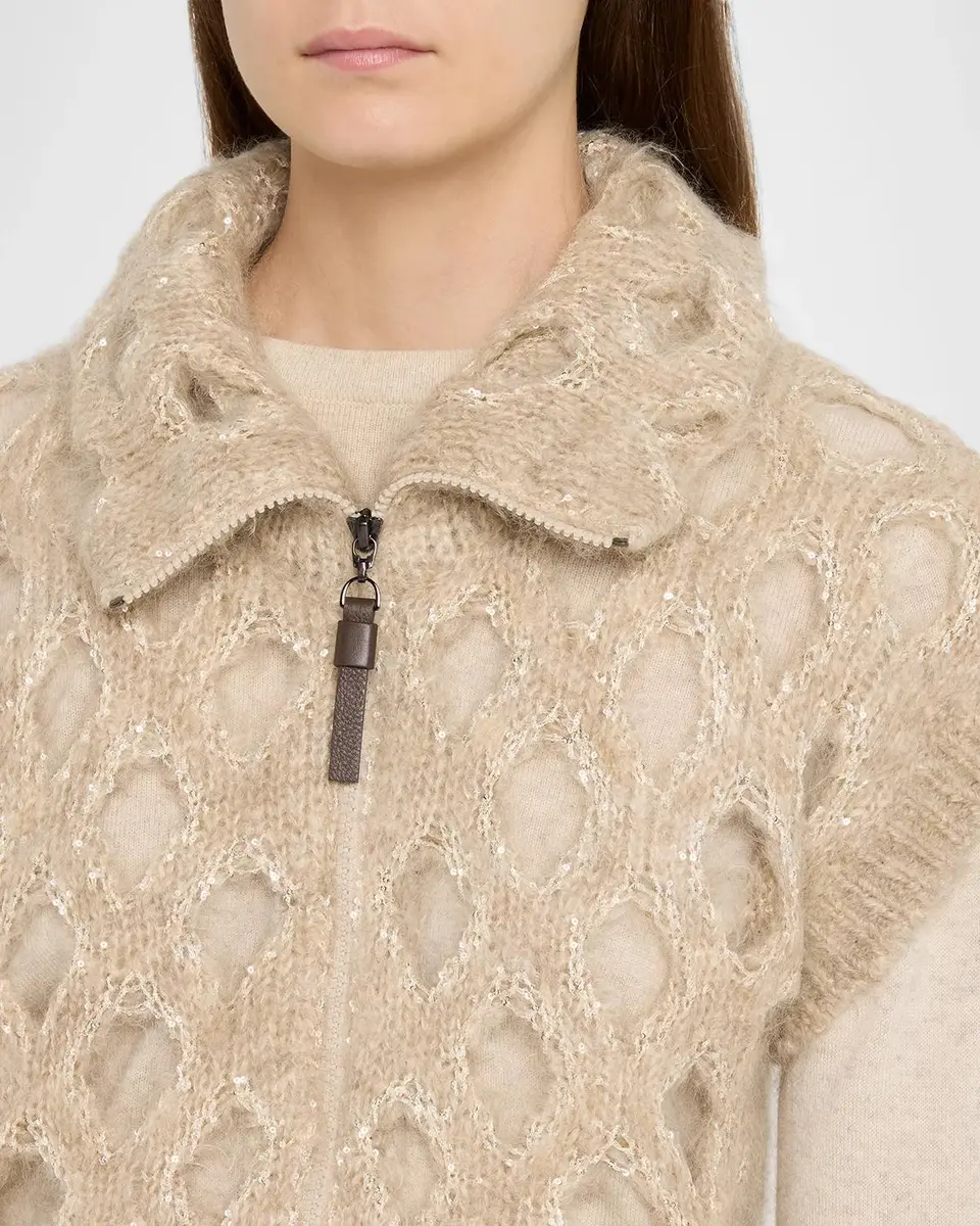 Brunello Cucinelli Turtleneck Paillette Mohair-Blend Open Knit Zip Vest | Thumbnail 5 Brunello Cucinelli Turtleneck Paillette Mohair-Blend Open Knit Zip Vest | Thumbnail 5
