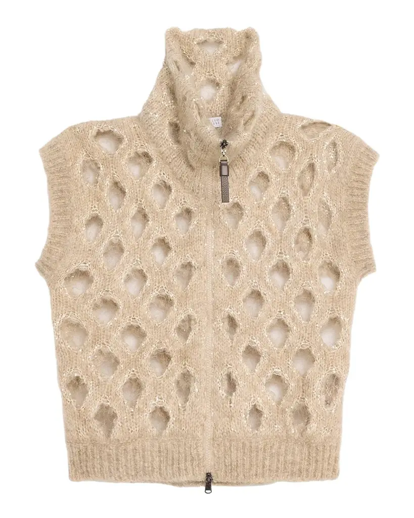 Turtleneck Paillette Mohair-Blend Open Knit Zip Vest Turtleneck Paillette Mohair-Blend Open Knit Zip Vest