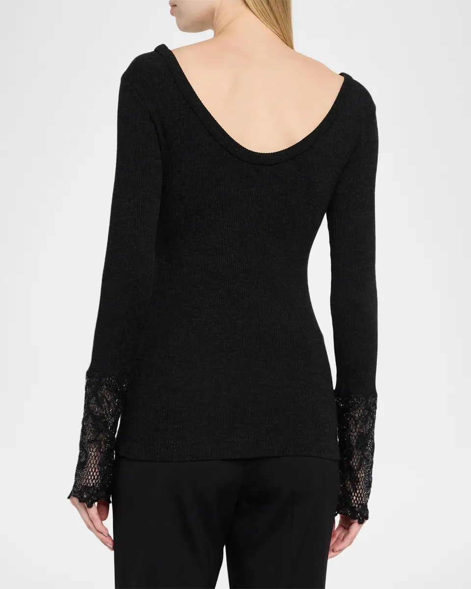 Brunello Cucinelli Shimmering Cuff Wool Jersey Long-Sleeve Top | Thumbnail 3 Brunello Cucinelli Shimmering Cuff Wool Jersey Long-Sleeve Top | Thumbnail 3