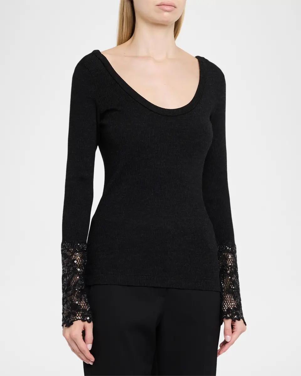 Brunello Cucinelli Shimmering Cuff Wool Jersey Long-Sleeve Top | Thumbnail 4 Brunello Cucinelli Shimmering Cuff Wool Jersey Long-Sleeve Top | Thumbnail 4