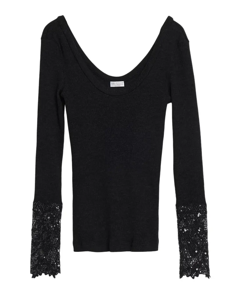 Shimmering Cuff Wool Jersey Long-Sleeve Top Shimmering Cuff Wool Jersey Long-Sleeve Top