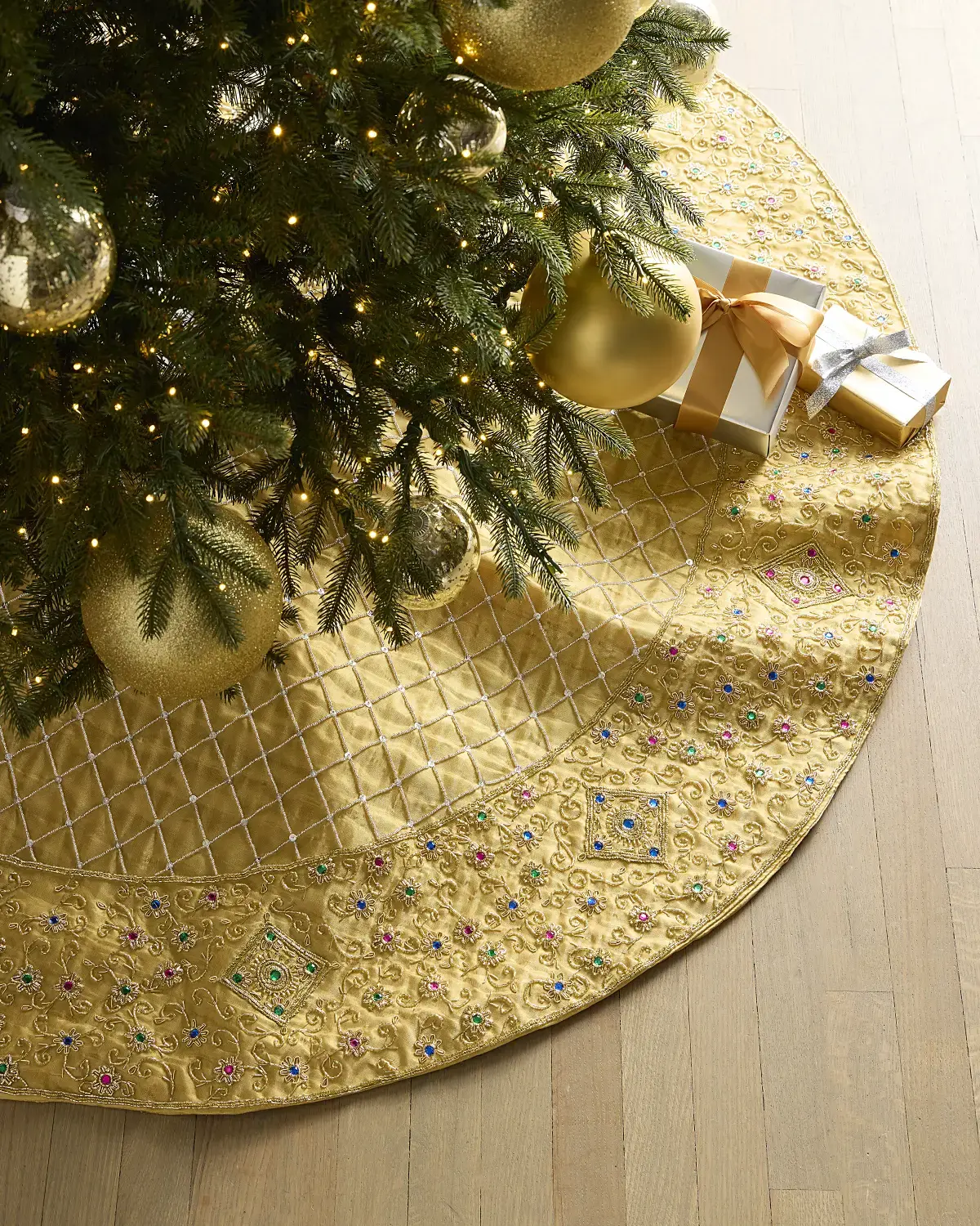 Sudha Pennathur 60" Embroidered & Beaded Gold Tissue Tree Skirt