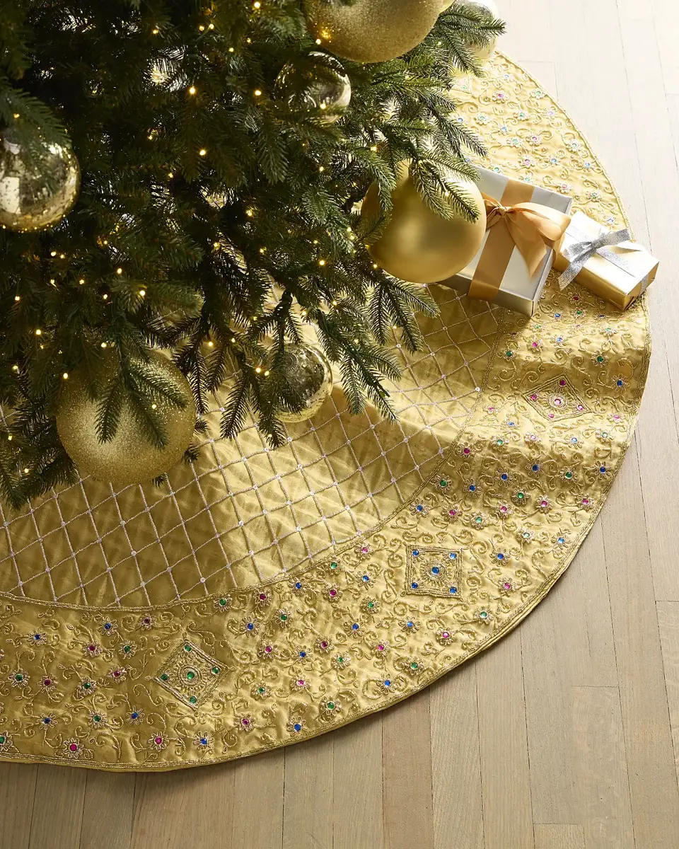 60" Embroidered & Beaded Gold Tissue Tree Skirt