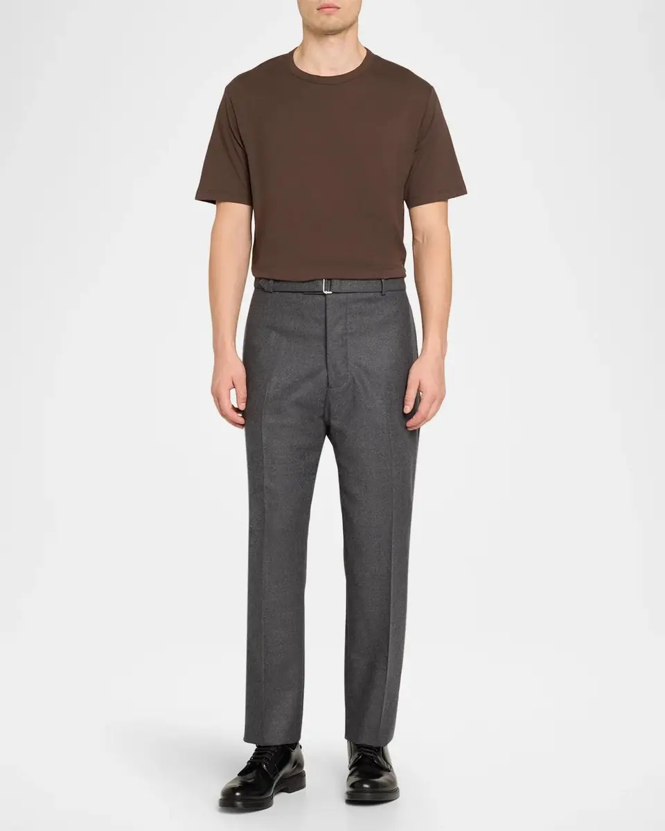 OFFICINE GÉNÉRALE Men's Wool Flat-Front Belted Trousers | Thumbnail 2 OFFICINE GÉNÉRALE Men's Wool Flat-Front Belted Trousers | Thumbnail 2