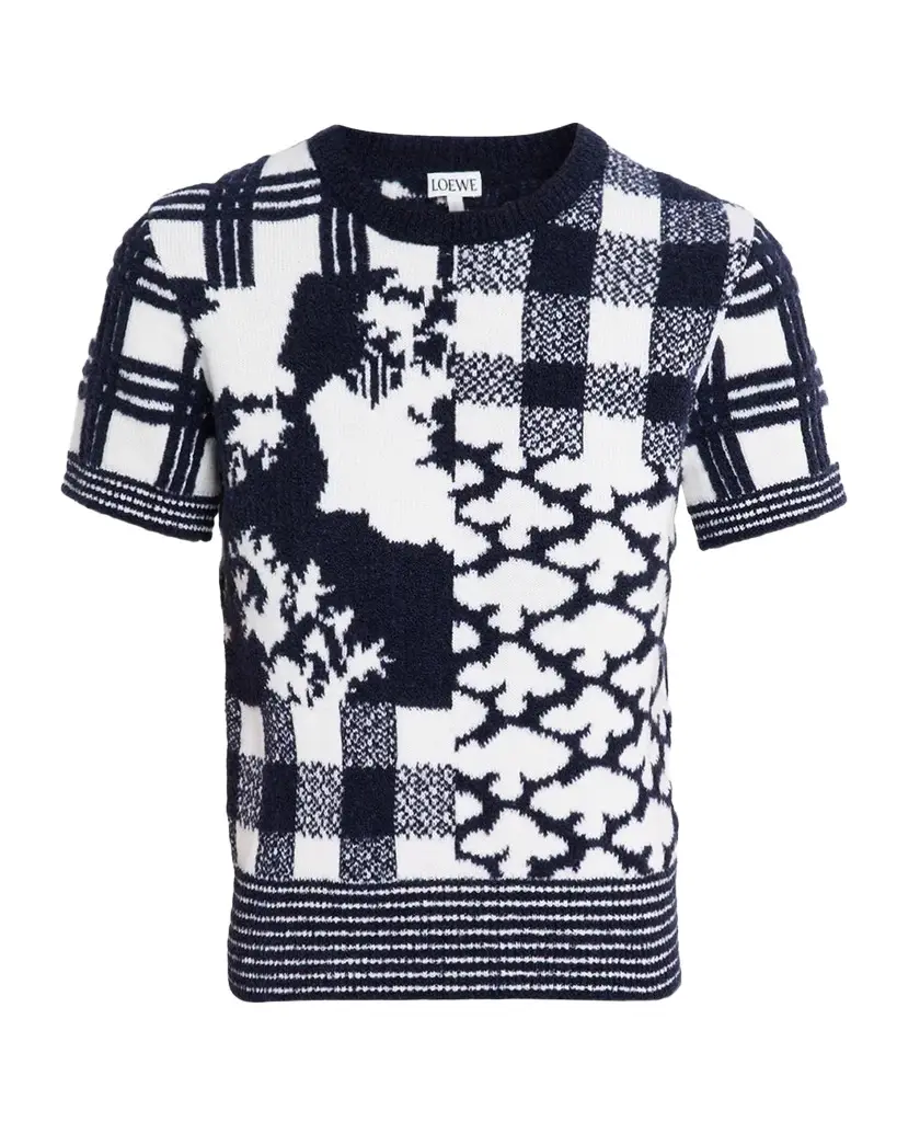 Patchwork Wool Knit Short-Sleeve Sweater Patchwork Wool Knit Short-Sleeve Sweater