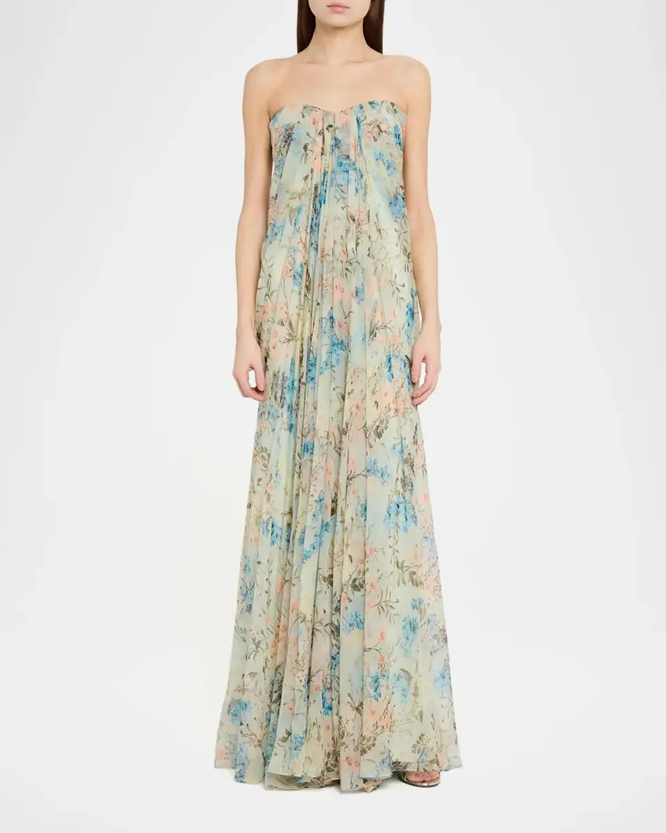 Alexander McQueen Goddess Floral Draped Bustier Strapless Silk Maxi Dress | Thumbnail 2 Alexander McQueen Goddess Floral Draped Bustier Strapless Silk Maxi Dress | Thumbnail 2