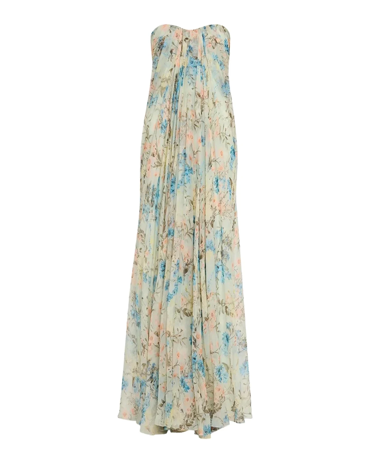 Goddess Floral Draped Bustier Strapless Silk Maxi Dress Goddess Floral Draped Bustier Strapless Silk Maxi Dress