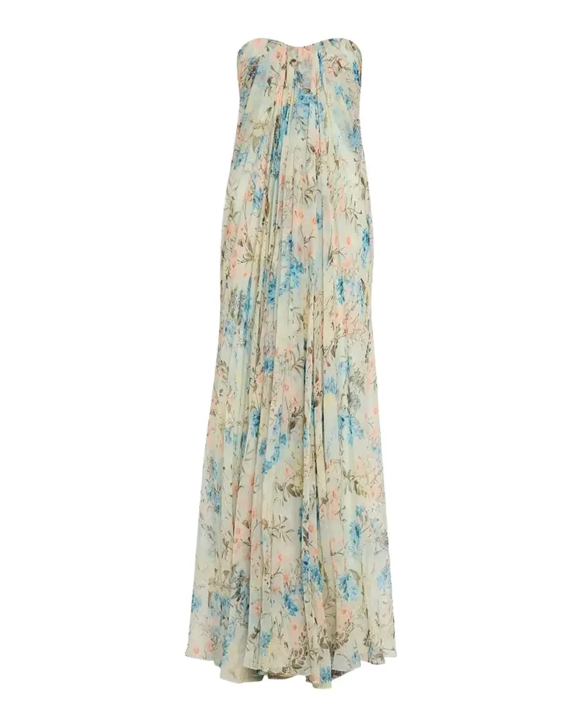 Goddess Floral Draped Bustier Strapless Silk Maxi Dress Goddess Floral Draped Bustier Strapless Silk Maxi Dress
